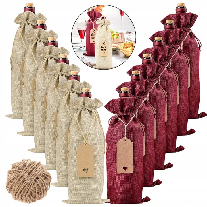 12X TORBY NA BUTELKI WINA ZE SZNURKIEM I PRZYWIESZKAMI TORBY JUTOWE