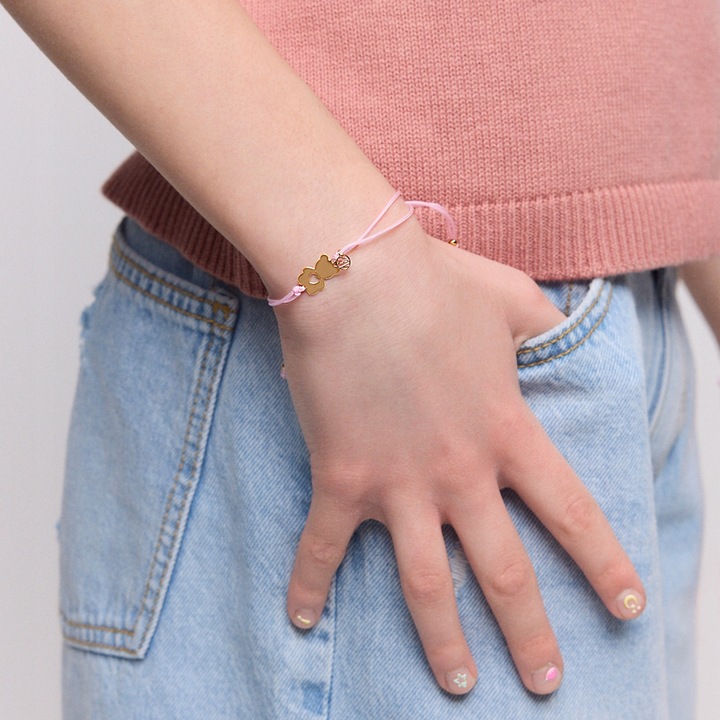 Bransoletka srebrna pozłacana na sznurku - miś - Hippie YES