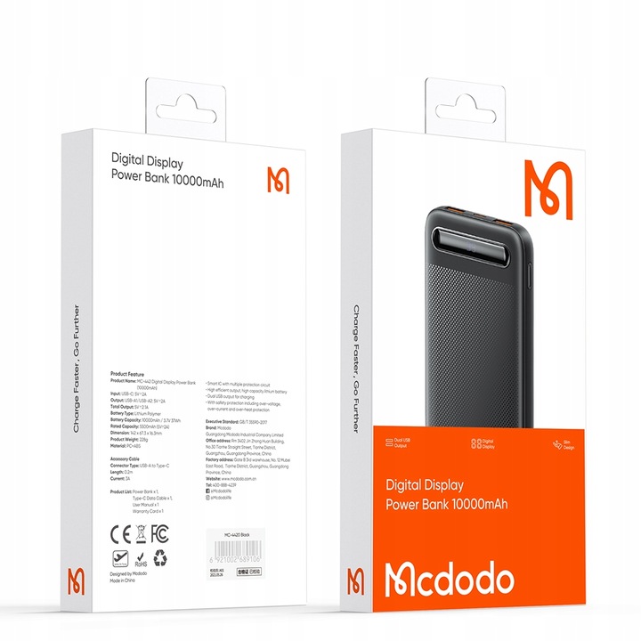 MCDODO POWERBANK 10000MAH Z WYŚWIETLACZEM 2X USB USB-C 2A 10W + KABEL USB-C