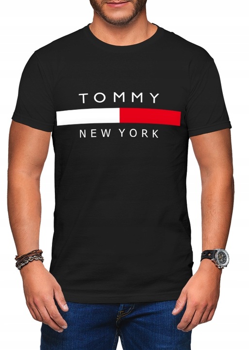 KOSZULKA MĘSKA TOMMY NEW YORK Z NADRUKIEM NAPISEM CZARNA T-SHIRT MĘSKI R. S