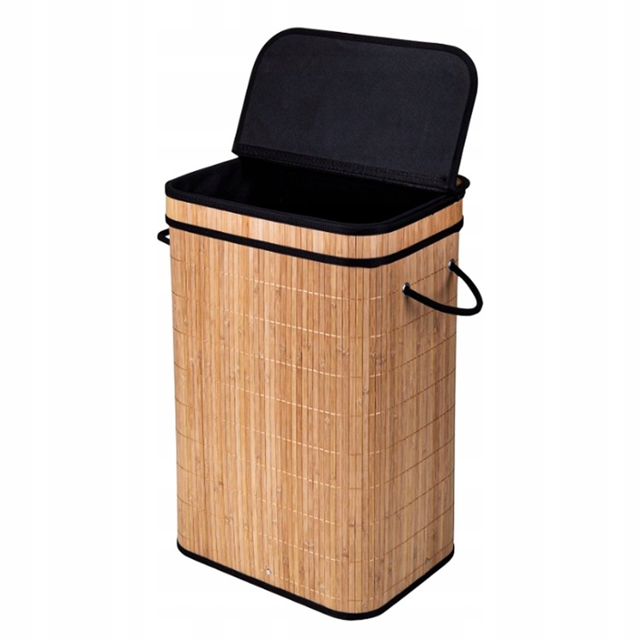 BAMBUSOWY CZARNY KOSZ NA PRANIE WOLNOSTOJĄCY POJEMNIK Z POKRYWĄ 72L