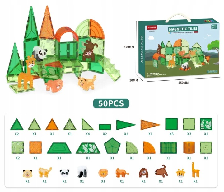Klocki Magnetyczne Kreatywne Magnetic Tiles Konstrukcyjne Zoo 50 elementów