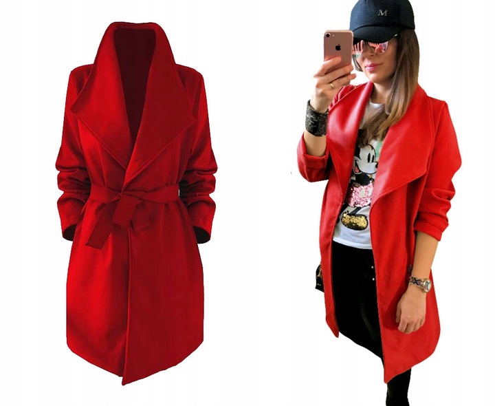 PŁASZCZ blogger KLASYCZNY klapy pasek CZERWONY