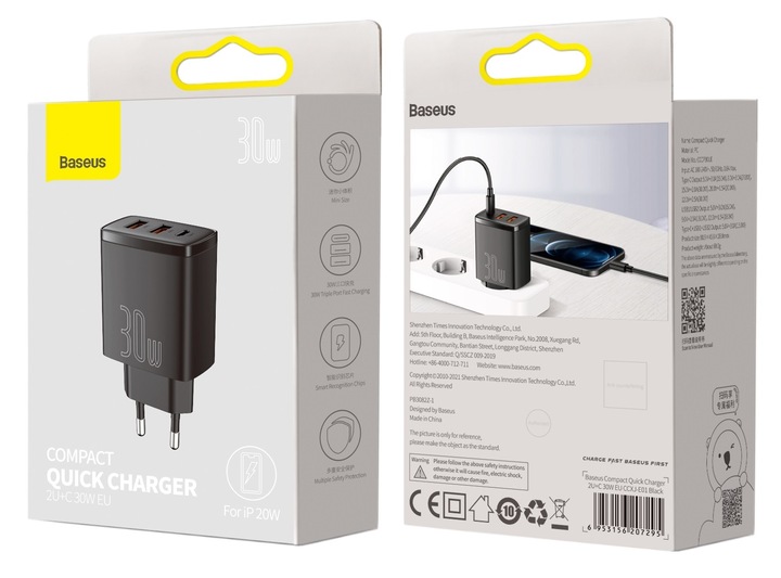 BASEUS SZYBKA ŁADOWARKA SIECIOWA DO TELEFONU 3X USB USB-C 30W PD QC 3.0 AFC