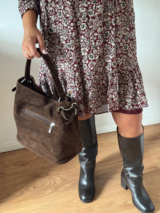 Torba Flora&Co torebka duża worek zamsz zamszowa eco brązowa czekoladowy