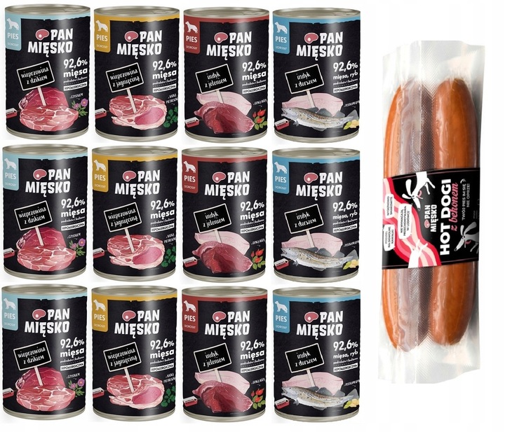 Karma dla psa Pan Mięsko 12 x 400g Mix Smaków i Hot Dogi z bekonem 220 g