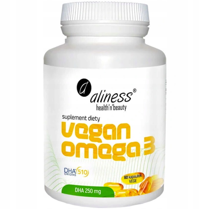 Aliness Vegan Omega 3 DHA 250 mg ZDROWE TŁUSZCZE WIDZENIE PRACA MÓZGU 60kap
