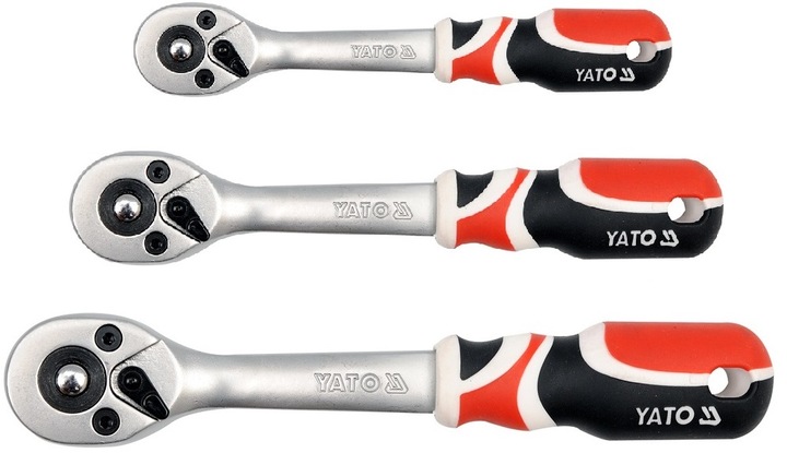YATO ZESTAW GRZECHOTEK 3 SZTUKI 1/4" 3/8" 1/2" WYGIĘTA QUICK RELASE 72 ZĘBY