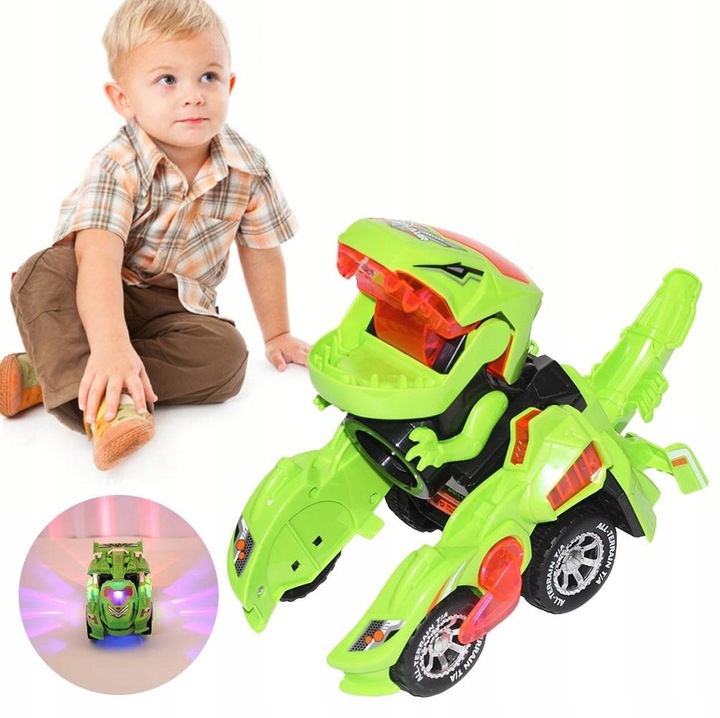 AUTO ROBOT DINOZAUR ZMIENIA JEŹDZI GRA ŚWIECI LED
