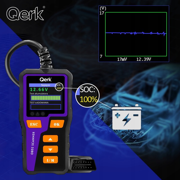 INTERFEJS DIAGNOSTYCZNY TESTER OBD2 POLSKIE MENU QERK T51 KOLOROWY ELM327