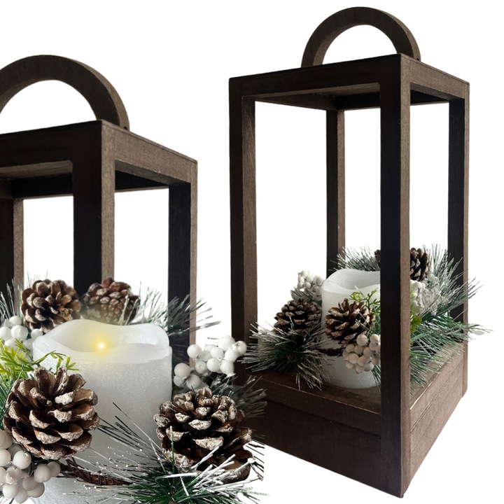 Lampion Drewniany Świąteczny Latarenka Ze Świecą Znicz TIMER 32cm