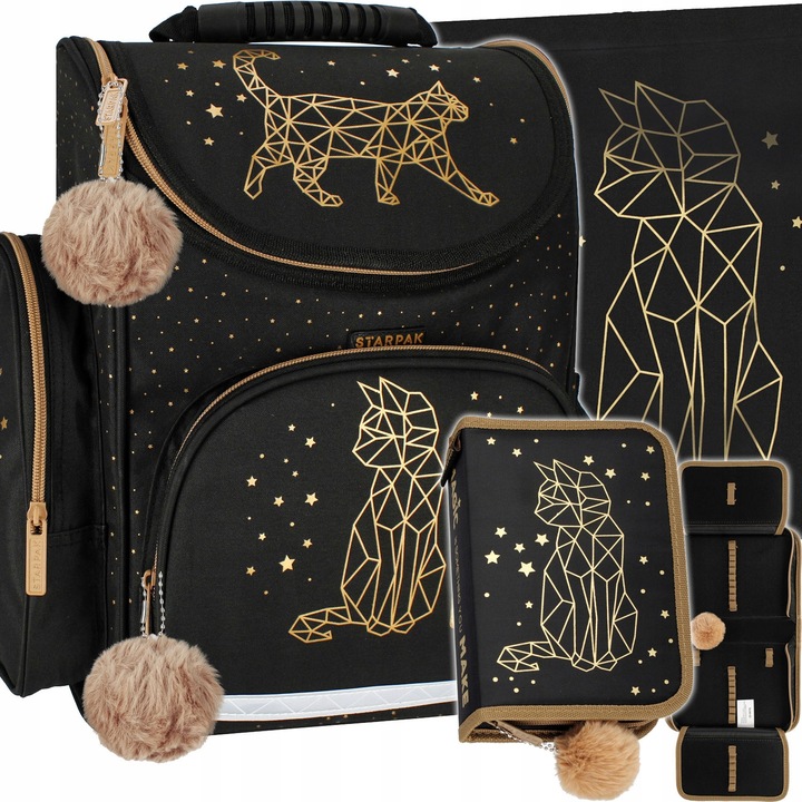 TORNISTER SZKOLNY PLECAK DLA DZIEWCZYNKI KOTEK CZARNY ZŁOTY WOREK PIÓRNIK