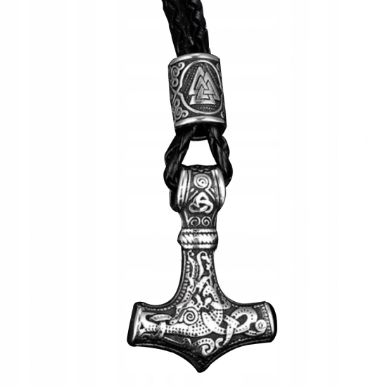 Naszyjnik Nordycki Młot Thora symbol Valknut + Rzemyk
