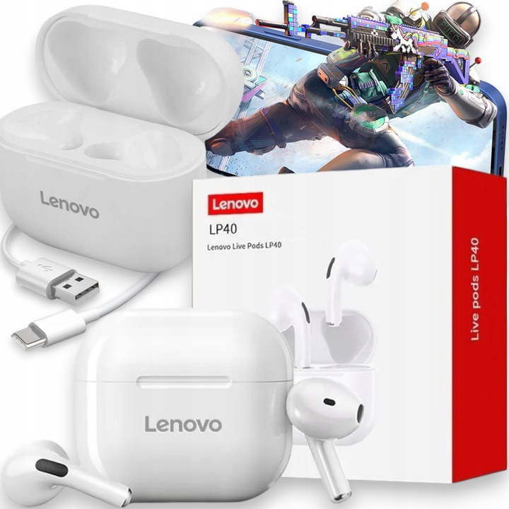 SŁUCHAWKI BEZPRZEWODOWE LENOVO LP40 z MIKROFONEM TWS ORYGINALNE STACJA PRO