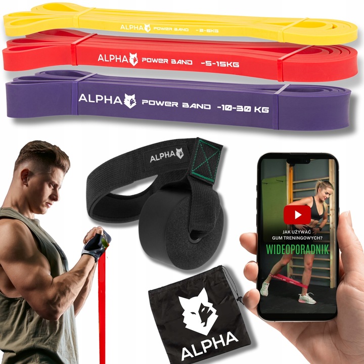 Zestaw 3 Gum Oporowych do Ćwiczeń z Uchwytem Gratis - Power Band ALPHA