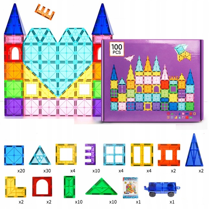 KLOCKI MAGNETYCZNE KONSTRUKCYJNE EDUKACYJNE ZESTAW 100 EL DUŻE PANELE 3D