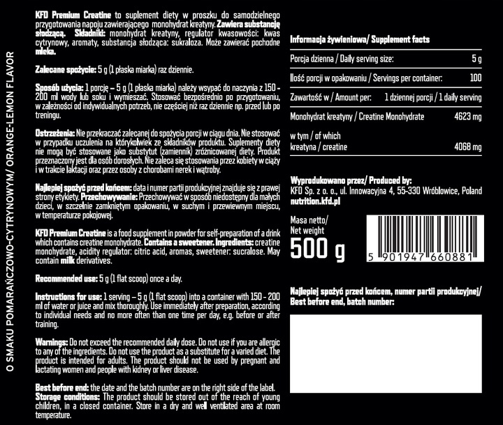 KFD PREMIUM CREATINE 500 G KREATYNA MONOHYDRAT POMARAŃCZA-CYTRYNA