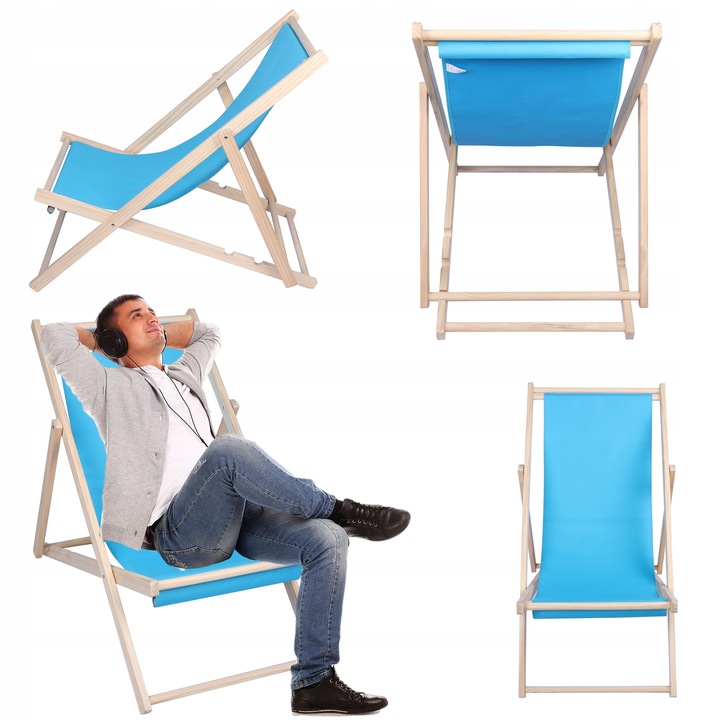 LEŻAK PLAŻOWY OGRODOWY KEMPINGOWY SKŁADANY DREWNIANY FEZ NIEBIESKI