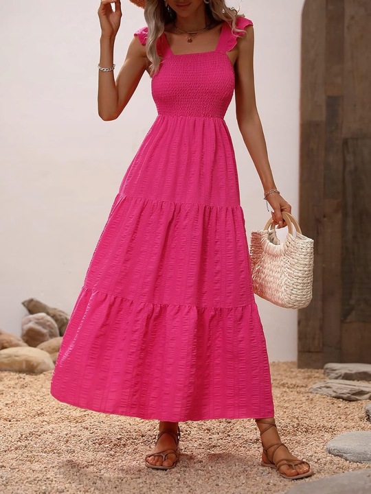 LETNIA SUKIENKA LUŹNA CODZIENNA MAXI RÓŻOWA MARSZCZENIA KOBIECA NA PLAŻĘ