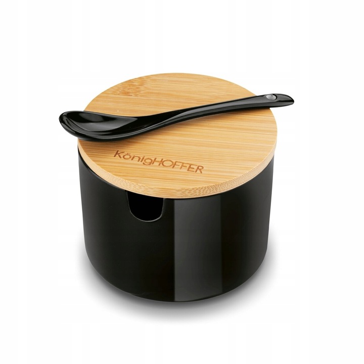 Czarna CUKIERNICA +ŁYŻECZKA pojemnik na CUKIER z bambusową POKRYWKĄ 350ml