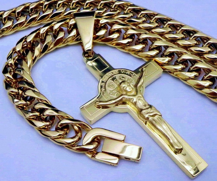 GRUBY ZŁOTY ŁAŃCUCH ŁAŃCUSZEK Z KRZYŻYKIEM STAL CHIRURGICZNA PREMIUM 9MM