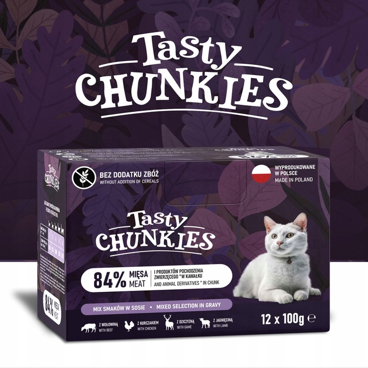 Bezzbożowa Karma dla kota TASTY CHUNKIES MIX SMAKÓW 84% MIĘSA 12+12 GRATIS