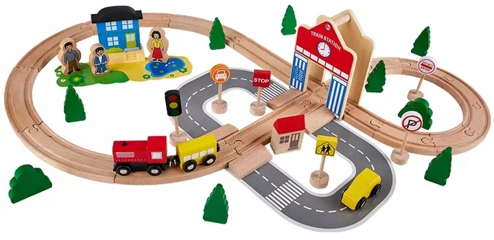 DREWNIANA KOLEJKA TOR WAGONY POCIĄG Budynki Ciuchcia Lokomotywa Zestaw