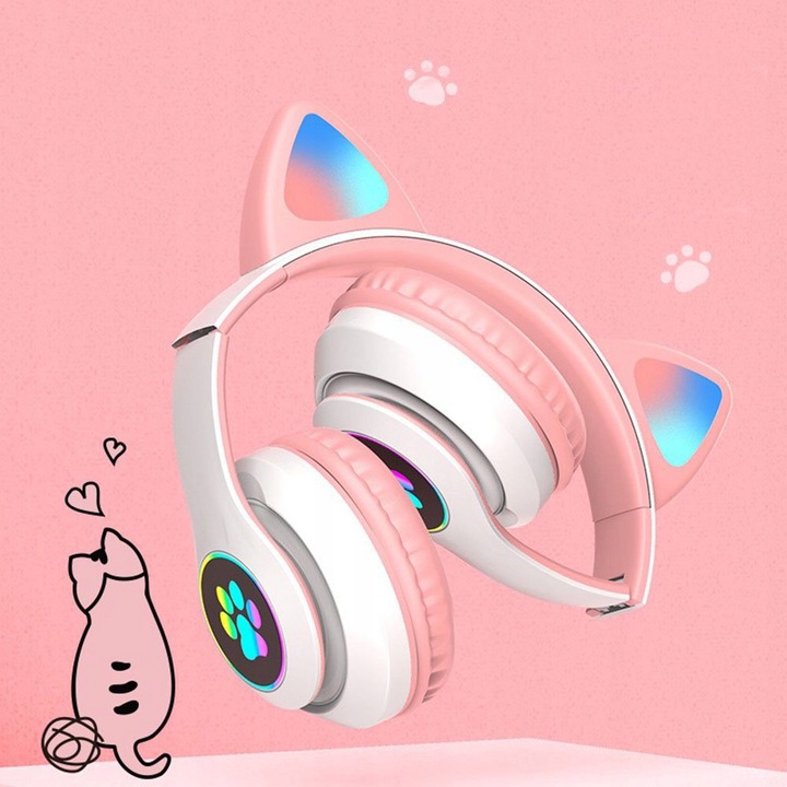 SŁUCHAWKI BEZPRZEWODOWE Z MIKROFONEM KOLOROWE KOCIE USZY LED DLA DZIECI