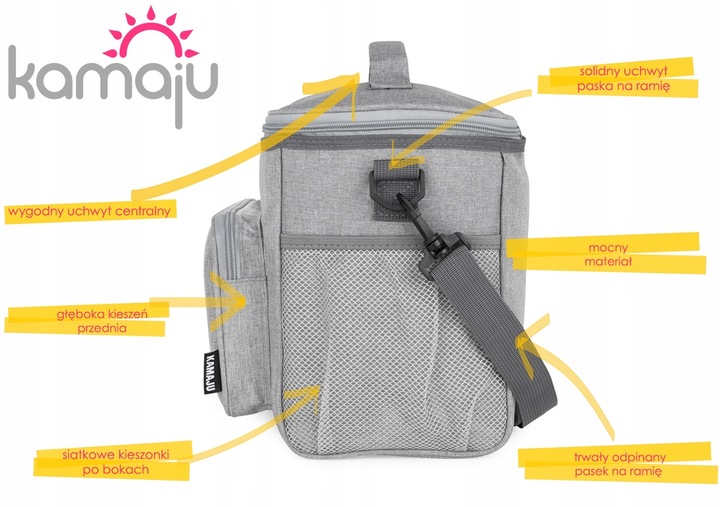 SOLIDNA TORBA TERMICZNA NA LUNCH PIKNIK 2 KOMORY + KIESZENIE PASEK SZARA