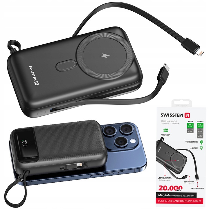 POWERBANK SWISSTEN 20000 mAh Qi PD 20W bezprzewodowe+ KABLE USB-C LIGHTNING