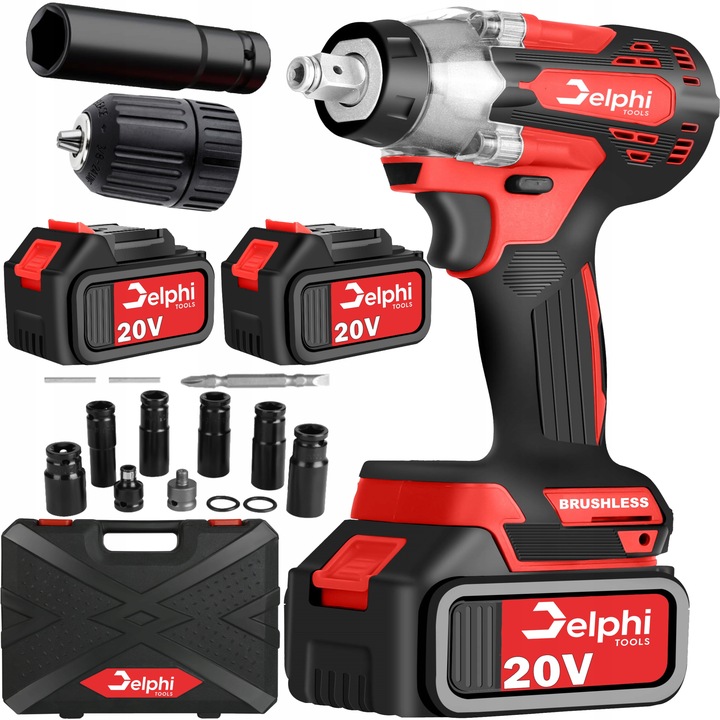 KLUCZ UDAROWY AKUMULATOROWY BEZSZCZOTKOWY do KÓŁ 20V 1/2'' 2xAKU NASADKI