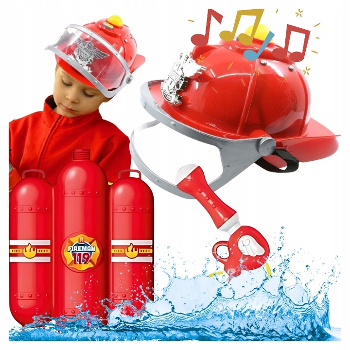KASK STRAŻACKI Interaktywny + PISTOLET na WODĘ ze zbiornikiem MAŁY STRAŻAK