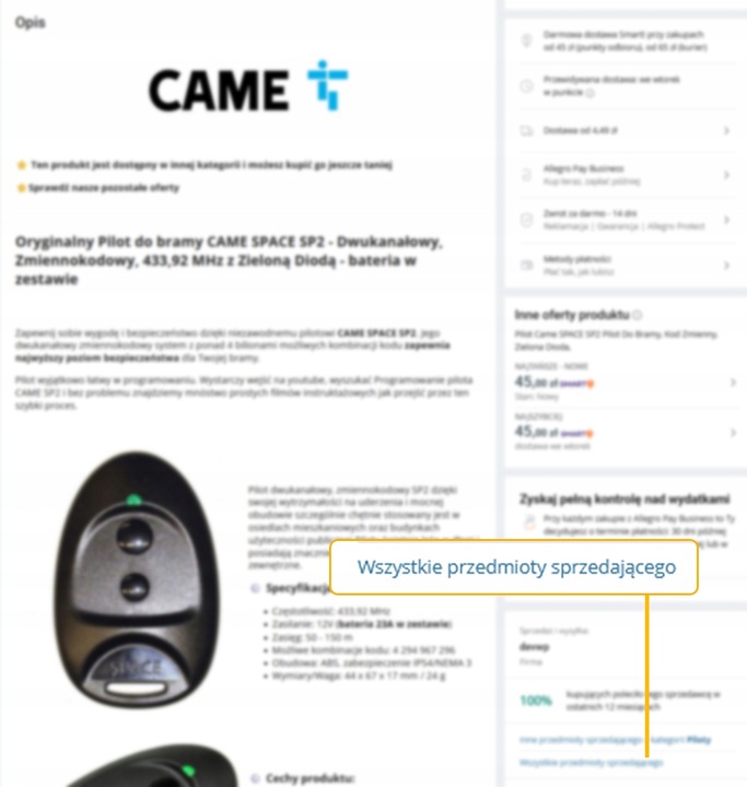 Pilot Came SPACE SP2 Pilot Do Bramy, Kod Zmienny, Zielona Dioda, ORYGINALNY