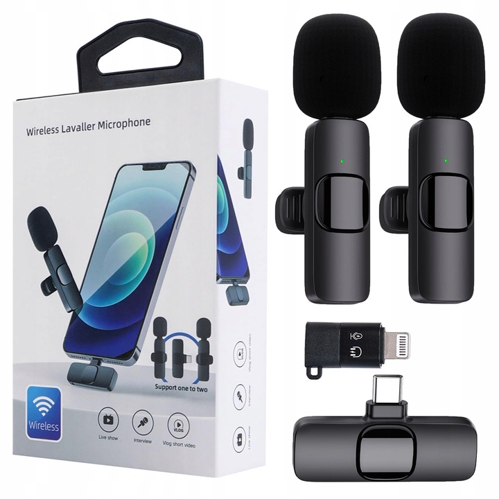 2x MIKROFON BEZPRZEWODOWY KRAWATOWY + ODBIORNIK USB-C + ADAPTER DO IPHONE