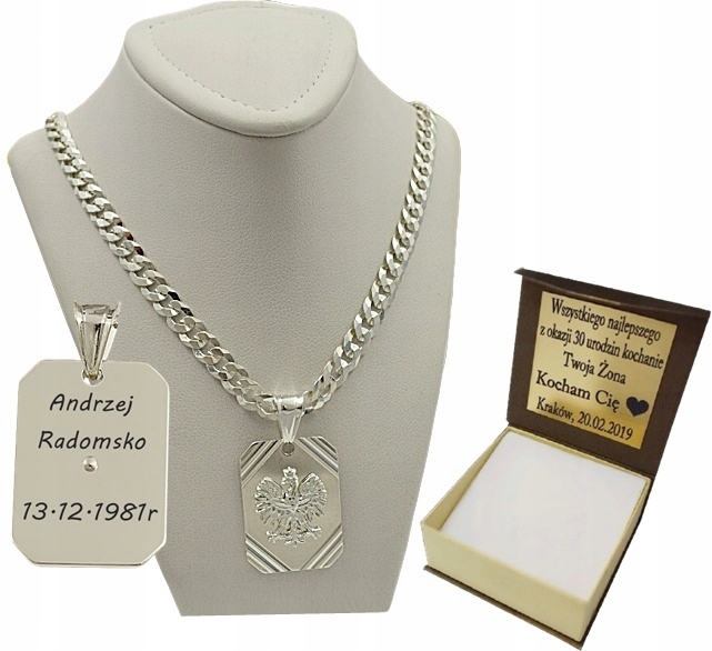ŁANCUSZEK SREBRNY PANCERKA Z ORŁEM + GRAWER