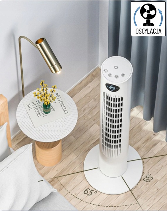 WENTYLATOR KOLUMNOWY XL 60W BIAŁY CICHY PANEL LED PILOT OSCYLACJA TERMOMETR