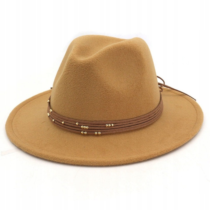 Kapelusz klasyczny panama elegancki brązowy filcowy z rzemykiem rzemyk boho