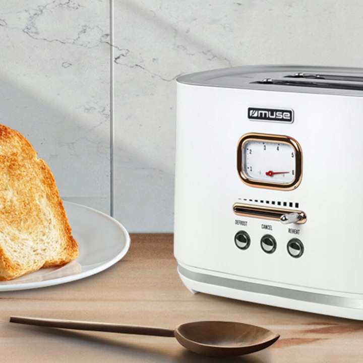 TOSTER OPIEKACZ RETRO 1000W NA 2 TOSTY BIAŁY/ZŁOTE ELEMENTY MUSE MS-130W