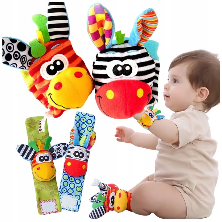 4x SKARPETKI + OPASKI 3D GRZECHOTKI SOZZY ZABAWKA SENSORYCZNA DLA NIEMOWLĄT