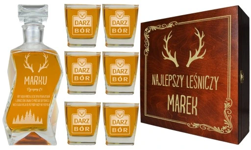 KARAFKA + 6 SZKLANEK DO WHISKY W PUDEŁKU Z GRAWEREM PREZENT DLA MYŚLIWEGO