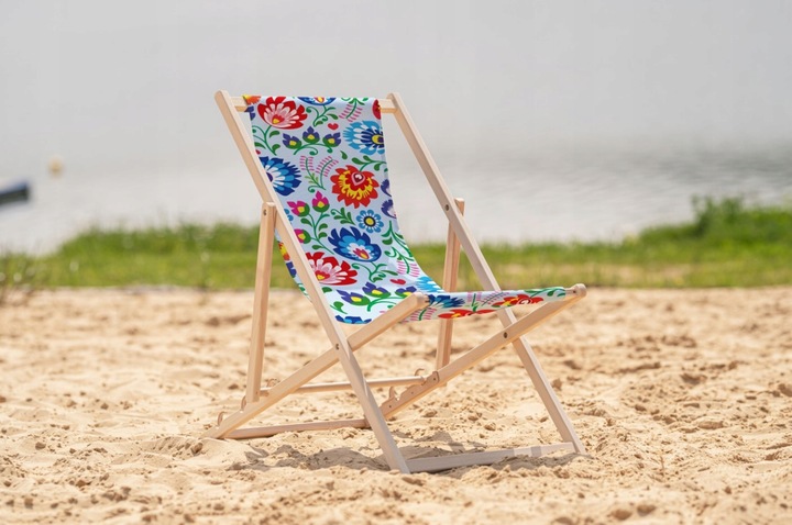 Leżak OGRODOWY DRAWNIANY JASNY z nadrukiem FOLK na PLAŻĘ TARAS BALKON