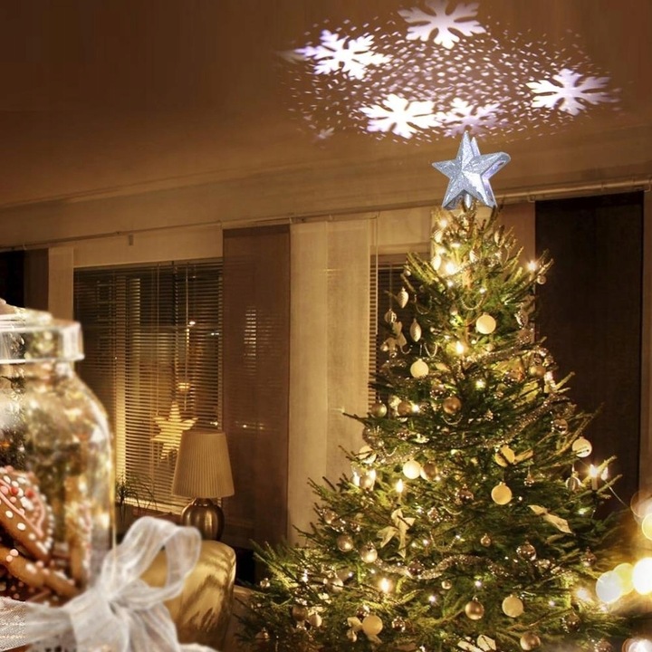 ŚWIECĄCA GWIAZDA OZDOBA NA CHOINKĘ LED Z PROJEKTOREM CZUBEK SREBRNA NA PRĄD