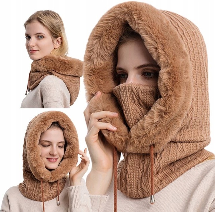 KOMINIARKA DAMSKA CZAPKA KOMIN Z FUTERKIEM CIEPŁA JEDNOCZĘŚCIOWA NA ZIMĘ