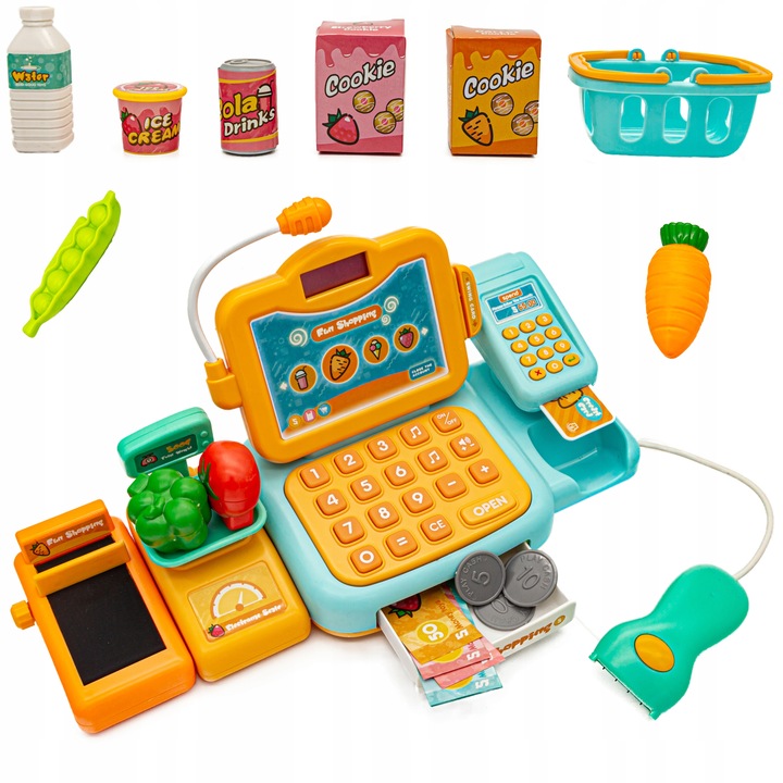 SUPERMARKET SKLEP Kasa Fiskalna Produkty Skaner Koszyk Mikrofon Waga Monety