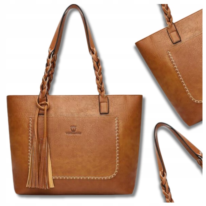 Damska Torebka A4 SHOPPER duża pojemna klasyczna skórzana brązowa eko skóra