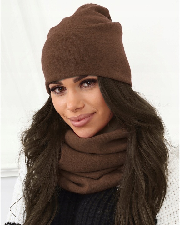 KOMPLET DAMSKI KOBIECY ZIMOWY MODNY CZAPKA KOMIN POLSKI CZEKOLADOWY 2468