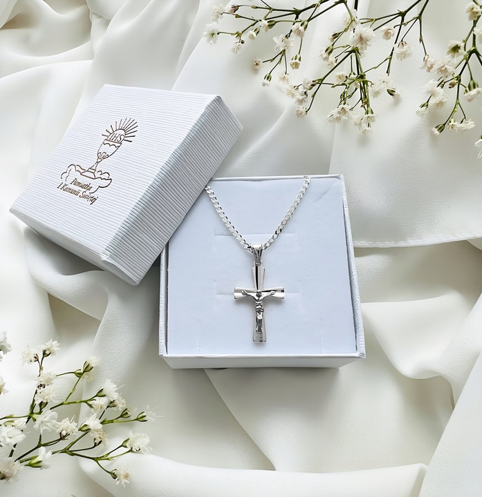 Łańcuszek srebrny 925 pancerka 45cm i krzyżyk prezent komunijny dla chłopca