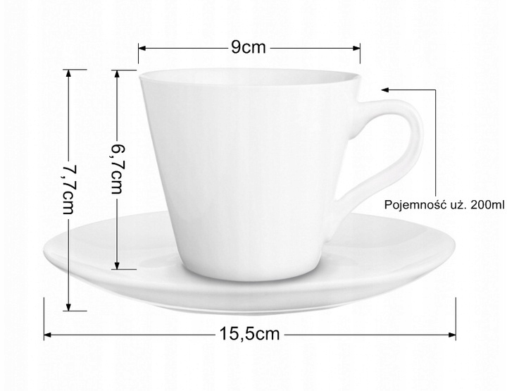 6 x BIAŁE FILIŻANKI ZE SPODKAMI 230 ml, DO KAWY