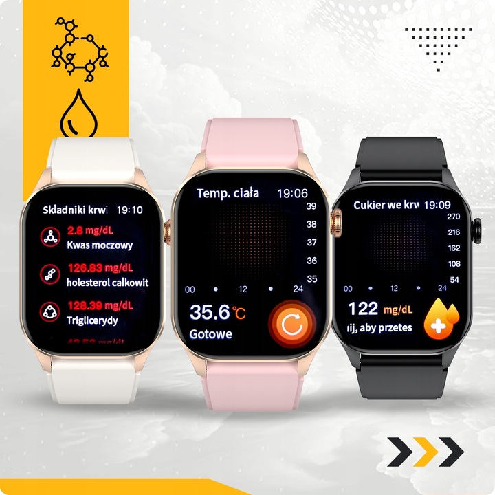 SMARTWATCH DAMSKI POMIAR GLUKOZY CIŚNIENIE KROKI MENU PL ROZMOWY 2 PASKI