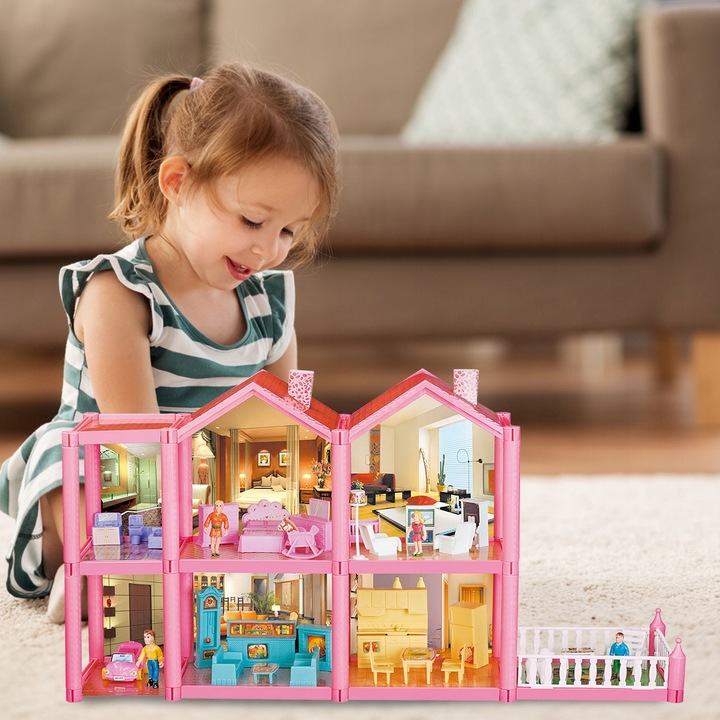 DOMEK DLA LALEK WILLA RÓZOWA MEBLE LALKI LALECZKI TARAS SAMOCHÓD DO ZABAWY